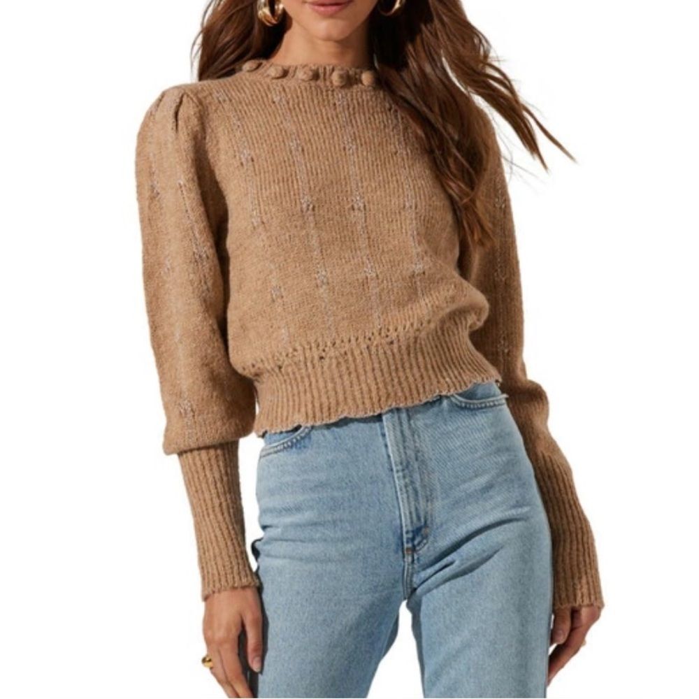 ASTR Scallop Hem Pom Pom Cable Knit Sweater Stripe Accent XL